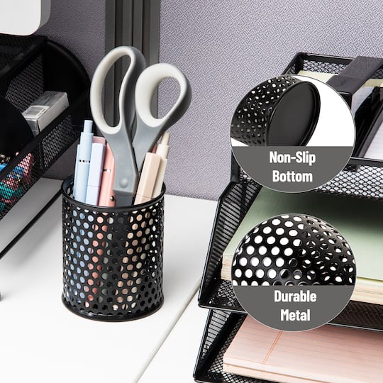 Mind Reader Metal Pen Cups, Mesh Pencil Holders, Desktop Organizer Set, Metal, Set of 3, Black